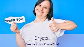  Presentation with thank - PPT theme with brunette-woman-with-down-syndrome background and a sky blue colored foreground