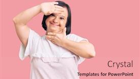  Presentation with hands down - PPT layouts enhanced with brunette-woman-with-down-syndrome background and a lemonade colored foreground