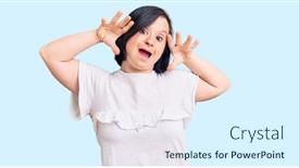  Presentation with hands down - Amazing slide deck having brunette-woman-with-down-syndrome backdrop and a sky blue colored foreground