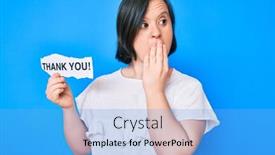  Presentation with thank - Slide deck with brunette-woman-with-down-syndrome background and a light blue colored foreground