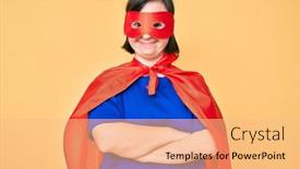  Presentation with hero woman - Colorful PPT layouts enhanced with brunette-woman-with-down-syndrome backdrop and a coral colored foreground