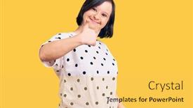  Presentation with success - PPT theme having brunette-woman-with-down-syndrome background and a yellow colored foreground