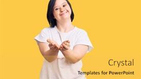  Presentation with hands down - Beautiful presentation design featuring brunette-woman-with-down-syndrome backdrop and a yellow colored foreground