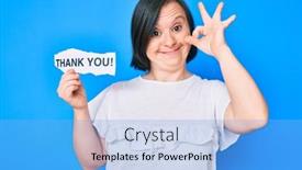  Presentation with friendly - Cool new PPT theme with brunette-woman-with-down-syndrome backdrop and a light blue colored foreground