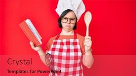 Presentation with recipe book - Colorful PPT theme enhanced with brunette-woman-with-down-syndrome backdrop and a red colored foreground
