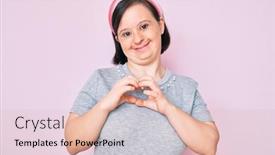 Presentation with hands down - Beautiful PPT theme featuring brunette-woman-with-down-syndrome backdrop and a lemonade colored foreground