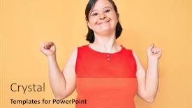  Presentation with winner - PPT layouts consisting of brunette-woman-with-down-syndrome background and a yellow colored foreground