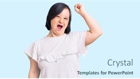  Presentation with tshirt - Presentation with brunette-woman-with-down-syndrome background and a sky blue colored foreground