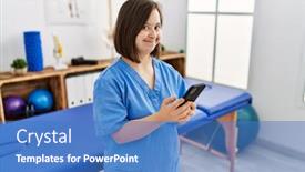  Presentation with down syndrome - Slide set having brunette-woman-with-down-syndrome background and a  colored foreground