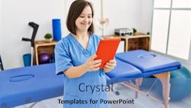  Presentation with down syndrome - PPT theme featuring brunette-woman-with-down-syndrome background and a teal colored foreground