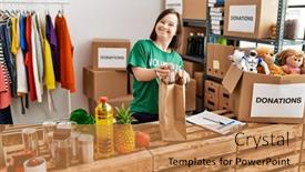  Presentation with food donations - PPT layouts having brunette-woman-with-down-syndrome background and a coral colored foreground