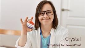  Presentation with election - Slide deck enhanced with brunette-woman-with-down-syndrome background and a soft green colored foreground