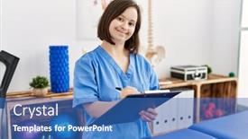  Presentation with physiotherapy - Slides enhanced with brunette-woman-with-down-syndrome background and a teal colored foreground
