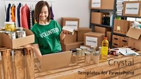  Presentation with food donations - Slide set with brunette-woman-with-down-syndrome background and a coral colored foreground