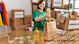 Presentation with food donations - PPT layouts enhanced with brunette-woman-with-down-syndrome background and a gold colored foreground