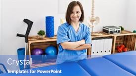  Presentation with physiotherapy - PPT theme with brunette-woman-with-down-syndrome background and a teal colored foreground
