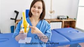  Presentation with physiotherapy - Slides consisting of brunette-woman-with-down-syndrome background and a teal colored foreground