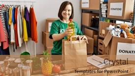  Presentation with food donations - Presentation design with brunette-woman-with-down-syndrome background and a coral colored foreground