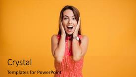  Presentation with holding hands - Presentation design consisting of brunette woman with happy exit background and a gold colored foreground