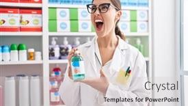  Presentation with syrup - Presentation theme featuring brunette-woman-working-at-pharmacy background and a light gray colored foreground
