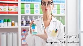  Presentation with syrup - PPT layouts with brunette-woman-working-at-pharmacy background and a light gray colored foreground