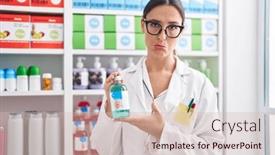  Presentation with syrup - PPT theme having brunette-woman-working-at-pharmacy background and a soft green colored foreground