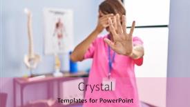  Presentation with rehabilitation - PPT theme having brunette-woman-working-at-rehabilitation background and a coral colored foreground