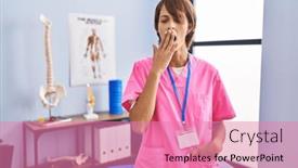  Presentation with rehabilitation - PPT layouts having brunette-woman-working-at-rehabilitation background and a coral colored foreground