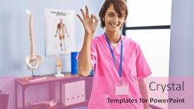  Presentation with rehabilitation - Slide deck enhanced with brunette-woman-working-at-rehabilitation background and a coral colored foreground