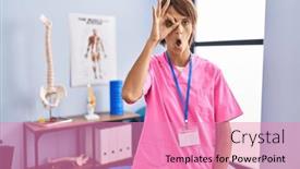  Presentation with rehabilitation - PPT layouts consisting of brunette-woman-working-at-rehabilitation background and a coral colored foreground