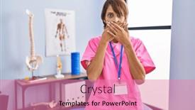  Presentation with rehabilitation - Presentation theme consisting of brunette-woman-working-at-rehabilitation background and a coral colored foreground