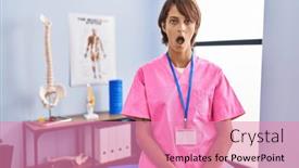  Presentation with rehabilitation - Presentation theme with brunette-woman-working-at-rehabilitation background and a coral colored foreground