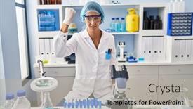  Presentation with mad scientist - Slides with brunette-woman-working-at-scientist background and a light gray colored foreground