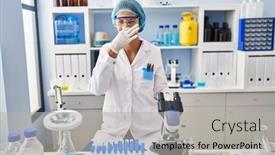  Presentation with bad breath - PPT layouts consisting of brunette-woman-working-at-scientist background and a light gray colored foreground