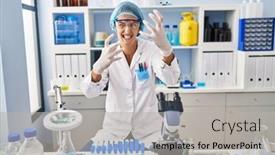  Presentation with mad scientist - PPT layouts enhanced with brunette-woman-working-at-scientist background and a light gray colored foreground