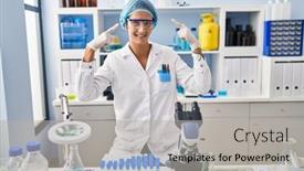  Presentation with thought - Slide set having brunette-woman-working-at-scientist background and a light gray colored foreground