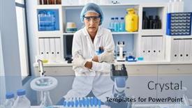  Presentation with sad woman - Presentation theme having brunette-woman-working-at-scientist background and a light blue colored foreground