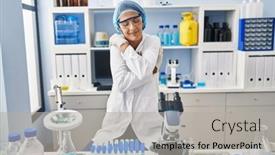  Presentation with self love - PPT theme with brunette-woman-working-at-scientist background and a light gray colored foreground