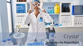  Presentation with tongue - Theme consisting of brunette-woman-working-at-scientist background and a light blue colored foreground