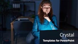  Presentation with secret - Slide deck featuring brunette-woman-working background and a navy blue colored foreground