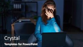  Presentation with frustration - Slide set enhanced with brunette-woman-working background and a navy blue colored foreground