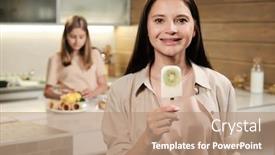  Presentation with kiwi - Colorful presentation enhanced with brunette-young-smiling-woman-showing backdrop and a coral colored foreground