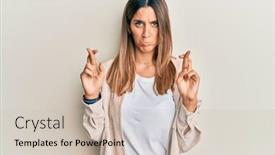  Presentation with woman sad - Cool new slide deck with brunette-young-woman-doing-fingers backdrop and a soft green colored foreground