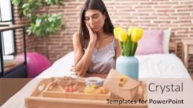  Presentation with breakfast - PPT theme featuring brunette-young-woman-eating-breakfast background and a  colored foreground