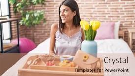  Presentation with breakfast - Presentation design featuring brunette-young-woman-eating-breakfast background and a  colored foreground