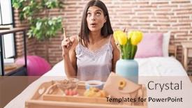 Presentation with breakfast - Slide set enhanced with brunette-young-woman-eating-breakfast background and a  colored foreground