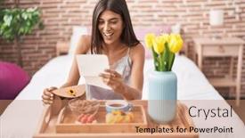  Presentation with breakfast - Slides enhanced with brunette-young-woman-eating-breakfast background and a coral colored foreground