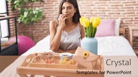  Presentation with nails - Slide deck with brunette-young-woman-eating-breakfast background and a coral colored foreground