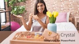  Presentation with breakfast - PPT layouts with brunette-young-woman-eating-breakfast background and a  colored foreground