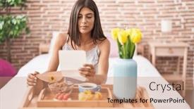  Presentation with simple - PPT theme featuring brunette-young-woman-eating-breakfast background and a coral colored foreground